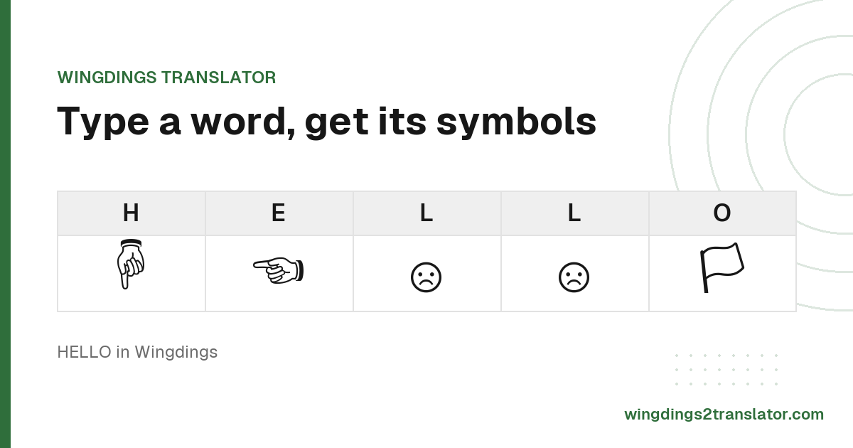 The letters of the word HELLO, each above the Wingdings symbol that letter produces.